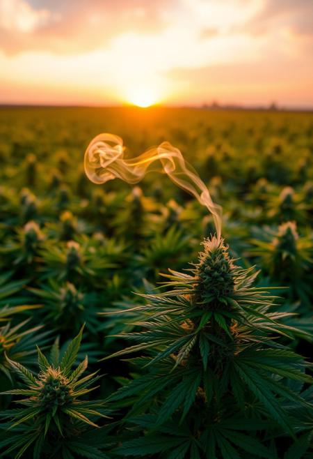 vibrant cannabis field, (lush green leaves:1.4), (sunset glow:1.2) casting warm light over the plants, (detailed textures:1.5), smoke swirling softly in the air, (cannabis buds:1.3) glistening with trichomes, peaceful and serene atmosphere, (natural light:1.4), wide field stretching into the distance, (colorful sky:1.2) with shades of pink and orange, (high-definition:1.6), (ultra-realistic textures:1.5), close-up details of cannabis plants, (soft focus in the background:1.2), modern, laid-back aesthetic, perfect for a cannabis culture feature, chill and relaxed vibe, (overexposed:-1.4), (unnatural colors:-1.5), (blurry:-1.6), (low-resolution:-1.7), (harsh lighting:-1.5), (distorted textures:-1.6)
