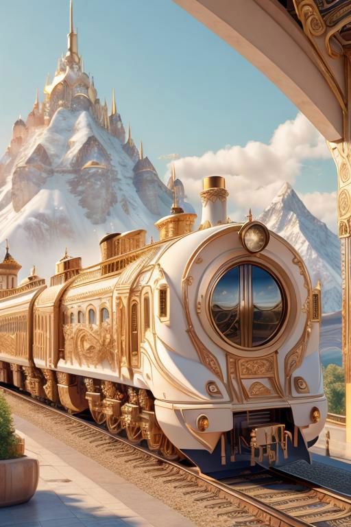 A majestic white and gold train with a castle in the background.