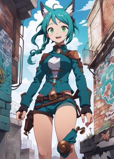 1girl, 20 years old woman, short braided turquoise hair, from front, steampunk, standing, fox ears, (graffiti), medium breasts