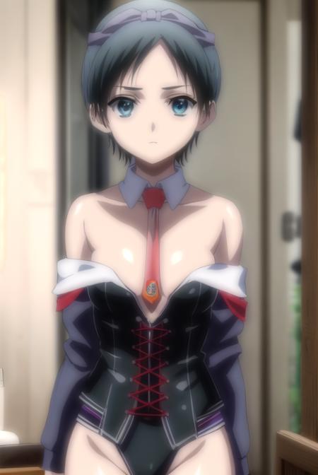 oruha hashimoto, short hair, black hair, (black eyes:1.3), bare shoulders, necktie, detached collar, red necktie, corset, detached sleeve, thighhighs, ribbon, hair ribbon, skirt, thighhighs, animal ears, tail, midriff, cat ears, cat tail, waitress, cleavage, clothing cutout, cleavage cutout, ribbon, red ribbon, dress, orange dress,