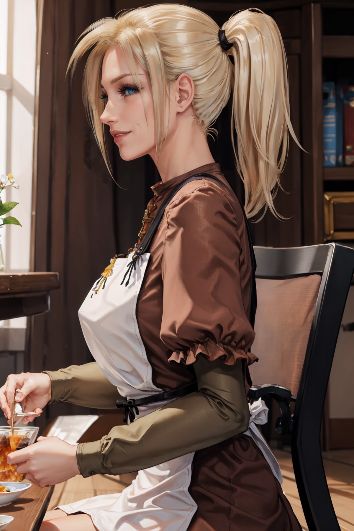 masterpiece, best quality, 1girl, solo <lora:ff7claudia-nvwls-v1-000009:0.9> ff7Claudia, ponytail, brown dress, apron, lon...