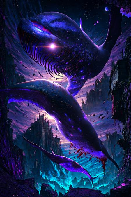 masterpiece, best quality, no_humans,((ruins)), <lora:RAL:0.3>,space,glowing,tanabata, tanzaku,city,milky_way,whale,buildings,underwater,blood,earth \(planet\),  <lora:Earth:0.8>,purple_theme