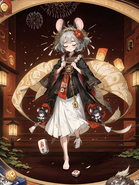 colorful,HEZI,Onmyoji,Japanese style of play,game drawing,fireworks,leaf,1girl,closed eyes,raccoon ears,lantern,animal ears,barefoot,leaf on head,solo,dice,short hair,grey hair,coin,instrument,mouse ears,hat,raccoon tail,standing,japanese clothes,tanuki,mouse girl,full body,holding,raccoon girl,paper lantern,outdoors,rope,aerial fireworks,sky,card,chinese zodiac,umbrella,bangs,thick eyebrows,daruma doll,mahjong tile,mahjong,oil-paper umbrella,shimenawa,short eyebrows,mouse tail,black hair,skirt,night,multicolored hair,straw hat,<lora:é´é³å¸ç«ç»-000009:0.6>,