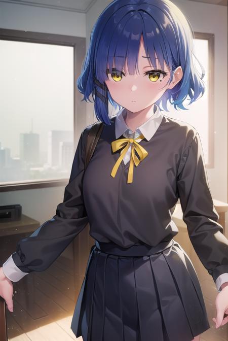 ryouyamada, <lyco:ryouyamada-lyco-nochekaiser:1>, 
ryou yamada, blue hair, eyes visible through hair, mole, mole under eye, short hair, (yellow eyes:1.5), hairclips,
BREAK black pantyhose, black ribbon, blue skirt, brown footwear, loafers, long sleeves, pantyhose, ribbon, school uniform, shimokitazawa high school uniform, shirt, shoes, skirt, white shirt,
BREAK indoors, classroom,
BREAK looking at viewer, (cowboy shot:1.5),
BREAK <lyco:GoodHands-beta2:1>, (masterpiece:1.2), best quality, high resolution, unity 8k wallpaper, (illustration:0.8), (beautiful detailed eyes:1.6), extremely detailed face, perfect lighting, extremely detailed CG, (perfect hands, perfect anatomy),