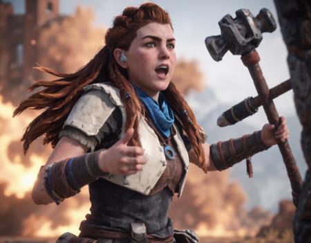 Aloy holding a massive improvised sledgehammer and screaming angrily at the camera 