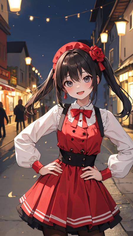 (masterpiece:1.2),(absurdres:1.2),(best quality:1.2),(looking at viewer),
1girl,
upper body,
outdoors, 
pantyhose, 
dress, 
night,
town,
hand on hip,
happy face,
(black,