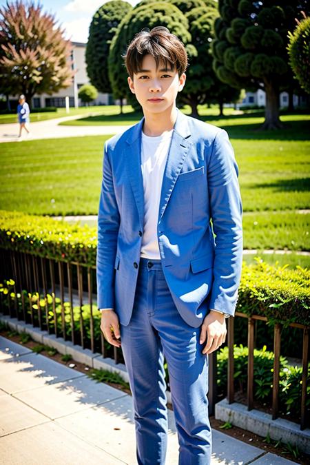 best quality, ultra high res, (photorealistic:1.4), masterpiece, blurry background,Park lawn,1boy,standing ,(looking at viewer), (closeup<lora:Chinese male idolv3:0.63>