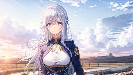 (masterpiece, best quality:1.2), 
1girl,Vladilena,lenaface,white thighhighs, garter straps, blue eyes, breasts, sky, looking at viewer, white hair,outdoors, boots, military, blue jacket, cloud, medium breasts, long sleeves, jacket, military uniform,antenna hair, hair between eyes, closed mouth, looking at viewer, portrait, ahoge, expressionless, bangs, white hair,
golden hour, glowing sky, warm sunrays, amber hues, serene atmosphere, railroad tracks stretching into the distance, vanishing point, aged wooden ties, rusted metal rails, gentle breeze, rhythmic clacking of a distant train, silhouettes of trees, tall grasses swaying, nostalgic ambiance, quiet contemplation, connection between past and present, timeless beauty,
<lora:VladilenaMilize_v2.7-000013:0.7>