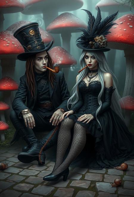 Image is a digital fantasy artwork featuring two individuals seated in a surreal, mushroom-filled forest. The style is gothic and steampunk, with intricate details and a mystical atmosphere. The man on the left has long, dreadlocked hair and a pale complexion, wearing a tall, ornate top hat and dark, Victorian-style clothing. He smokes a long pipe, exhaling wisps of smoke. The woman on the right has long, flowing white hair and a fair complexion, adorned in a black corset dress with lace and fishnet stockings. She also wears a tall top hat with feathers and smokes a similar pipe. The background is filled with oversized, red-capped mushrooms and a misty, ethereal ambiance. The ground is cobblestone, and small snails are visible