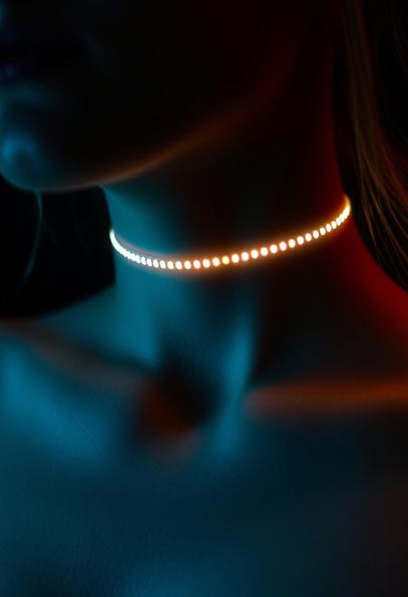 subdermal LED choker necklace, (internal LED glow:1.7), (embedded LEDs:1.6) forming a sleek, iconic choker pattern beneath the skin, glowing light along the collarbone and neck, (classic choker jewelry design:1.6), natural skin tone with light diffusion, (highly realistic skin texture:1.7), elegant and bold, high-definition, (light radiating through the skin in choker shape:1.5), seamless integration of LED glow with skin, (worn jewelry:-1.8), (visible necklace:-1.8), (unnatural glow:-1.5), smooth light transitions, advanced subdermal technology, modern and versatile, perfect for both casual and formal settings
