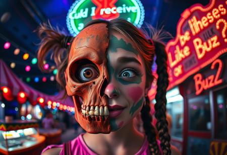 “A whimsical and surreal portrait of a girl with a distorted, comical face, featuring one eye larger than the other, vibrant face paint, and two playful braids in her hair. Half of her face is a real, rotten skull, with detailed, decayed bone structure, exposing cracked and aged bones, and the skull appears lifelike yet worn with time. The other half is covered in exaggerated, colorful face paint. The skull gives off a gritty, almost macabre vibe, blending with the lively and hype atmosphere of the carnival. Captured using a 12mm fisheye cinematic prime lens for an exaggerated perspective. The setting is a lively carnival with neon lights, whimsical decorations, and a dreamy yet unsettling atmosphere. A rotten, old light banner in the background displays the text: ‘Could I receive a Like or Buzz?’ in flickering, uneven letters. The colors and contrasts are enhanced for a surreal effect, combining playful and eerie styles, with a mix of humor and dark visual artistry.”