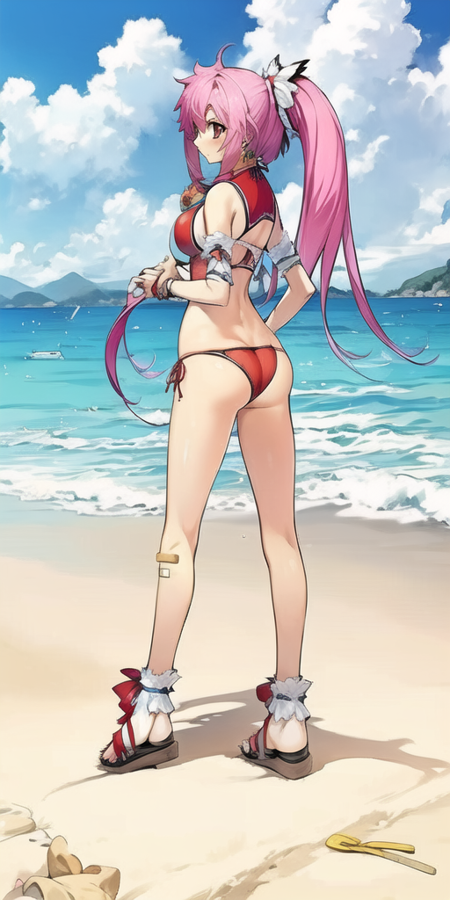 EtwardDysler, red eyes, long hair, pink hair, ponytail, hair ornament, earrings, neck bell, bare shoulders, fur trim, wrist bands, ankle bands, sleeveless dress, big breasts, armband, blue shorts, sandals, fingerless gloves, bandaid on knee, twin chakrams
