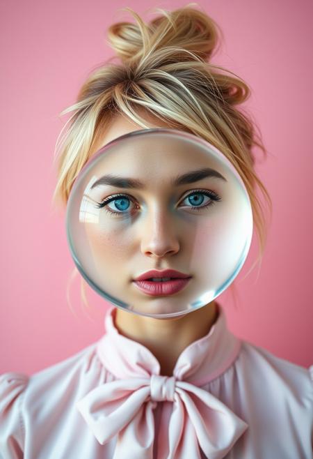 model, medium boobs, perfect eyes, light makeup, freckles, short messy blonde bob, freckles, serious expression, winking,  holding a large fisheye clear glass ball in front of her mouth that refracts her face, dressed in a light pink blouse with a large bow. Her messy bun contrasts against a plain pink background, evoking a playful, whimsical mood. lens effects, film effects
