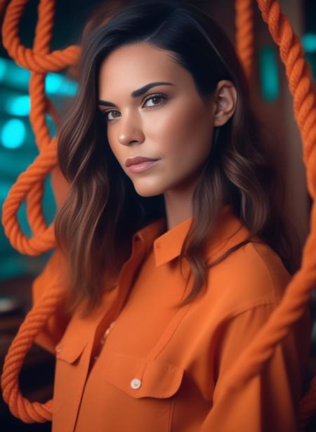 OdetteAnnable, (art by Brandon Woelfel:1.2) , highly detailed, Alluring humanoid, wearing Tired deep orange Shorts and blouse, Expressive Chestnut hair, Sakura Rope, Mechanical Body Parts, Iraqi background, Movie still, Velvia, octane engine, <lora:OdetteAnnableSDXL:1>