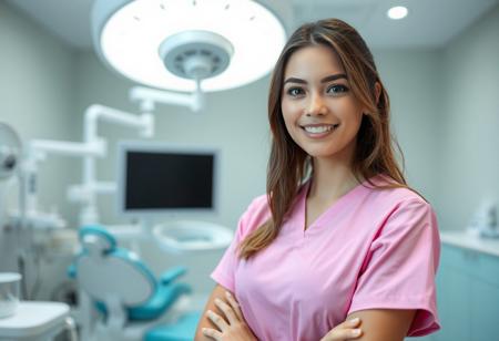 medium shot, front view of a Beautiful real young woman, pink clinic uniform, dental clinic work space at the background