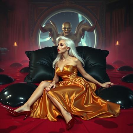 Sexy, sultry, (Female, 1girl):1.3, (glossy foil satin highly detailed georgian gown):1.3, (Huge breasts, big boobs, Large breasts), (firm Round perky breasts:1.2), (posturecollar):1.25, (, slim waist:1.35).  glossy high heels, laying  (knees spread wide apart), orgasm face, red lipstick, red nails,  spreaded at  glossy wet-look  black jelly pillows floating in giant slime pool,  tentacles spreading from  giant  portal to alien space  at background,  makeup, long hairs,  weird evil aliens harem, red fog from the floor,  horror, aliens, sci-fi, space,  Rembrandt Lighting Style, great lighting. At twilight, in victorian mansion sideview Ultra realistic, 8k, uhd, best quality, best resolution, lifelike, white wig, ent over, on all fours, large breasts, big boobs, huge tits, georgian gown,