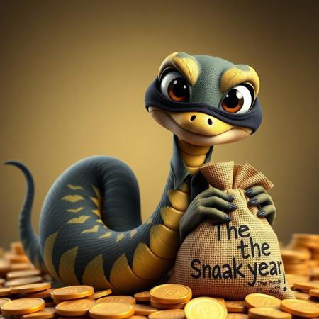 A whimsical movie poster featuring an adorable, cute snake shebaobao with large, expressive eyes and a mischievous grin, cleverly disguised as a bank robber, wearing a sleek black mask and a fitted striped shirt. The snake coils elegantly around a stack of oversized gold coins, playfully clutching a burlap bag labeled "The snake year!".