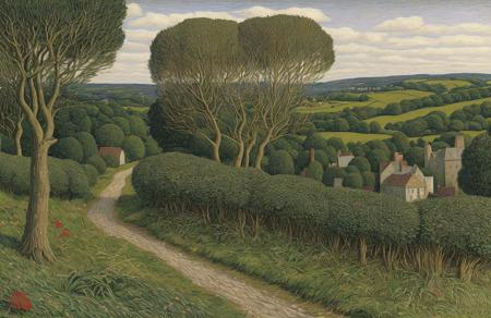 style of Henry Moret, clump ,estate ,hedgerow, Forest , scene painting,a painting,scenery,