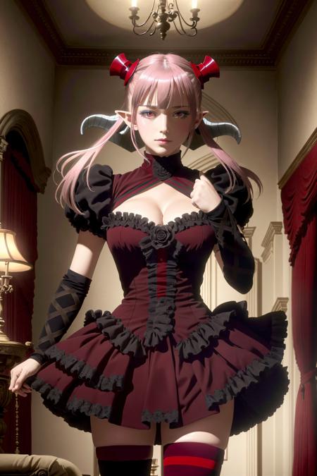 ((masterpiece)), ((best quality)), ((detailed)), (realistic), astaroth, red eyes, twintails, tail, astarothdress, striped thighighs, fingerless gloves, dark background, victorian castle interior, dark ambience, dramatic lighting, <lora:AstarothV2:0.75>