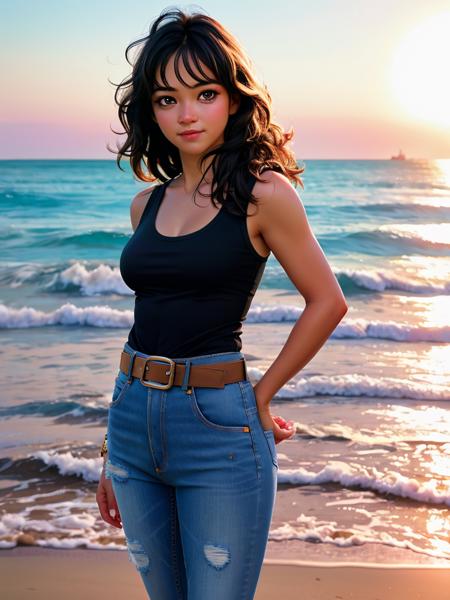 Realistic photo of a beautiful m1ch3ll3r-v2 woman, 1girl, solo, long hair, breasts, black hair, outdoors, belt, pants, ocean, beach, tank top, denim, messy hair, jeans, realistic, soft lighting, professional Photography, Photorealistic, detailed, RAW, analog, sharp focus, 8k, HD, DSLR, high quality, Fujifilm XT3, film grain, award winning, masterpiece<lora:m1ch3ll3r-v2:1.0>