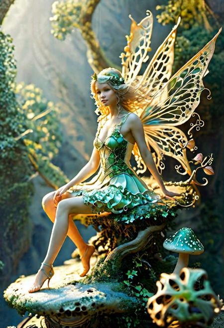 Fractalvines, A whimsical fairy sitting on a toadstool, her delicate wings and dress intricately designed with fractalvines <lora:Fractal_Vines:1> <lora:EnvyBetterHiresFixXL01:0:hr=1>