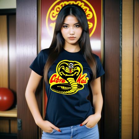 analog film photo Ultra quality, ultra defined textures and colors, full body shot,1girl, Maria Perez, long hair, big eyes, beautiful lips, extreme face makeup, short sleeves, wearing a cobra kai, black t-shirt logo, background a karate dojo, japanese decorations,  <lora:Cobra Kai- tshirt - SDXL1.0:1> . faded film, desaturated, 35mm photo, grainy, vignette, vintage, Kodachrome, Lomography, stained, highly detailed, found footage