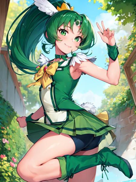 cure march bowtie, high ponytail, arm warmers, feather hair ornament, green boots, shorts under skirt, green shorts