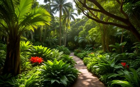 wide shot,A tranquil summer noon at the botanical garden, showcasing vibrant tropical plants and flowers in full bloom, lush greenery surrounding serene pathways, and soft sunlight casting playful shadows, creating a lush, inviting atmosphere,, sweeping landscapes, unique perspectives, epic scale, revealing hidden beauty, showcasing vastness, immersive experience, precise compositions, expert piloting, dynamic angles, cinematic storytelling, showcasing natural wonders, aerial exploration
