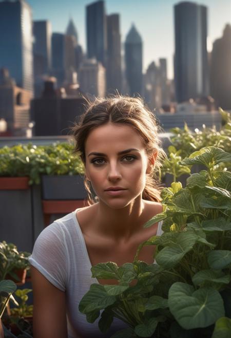 UHD 32k, Urban Rooftop Garden: A young woman tends to her rooftop garden in the middle of a bustling city, with skyscrapers in the background. The scene captures the photorealism of Pedro Campos, the urban energy of Taner Ceylan, and the detailed greenery of Ellen Altfest.
