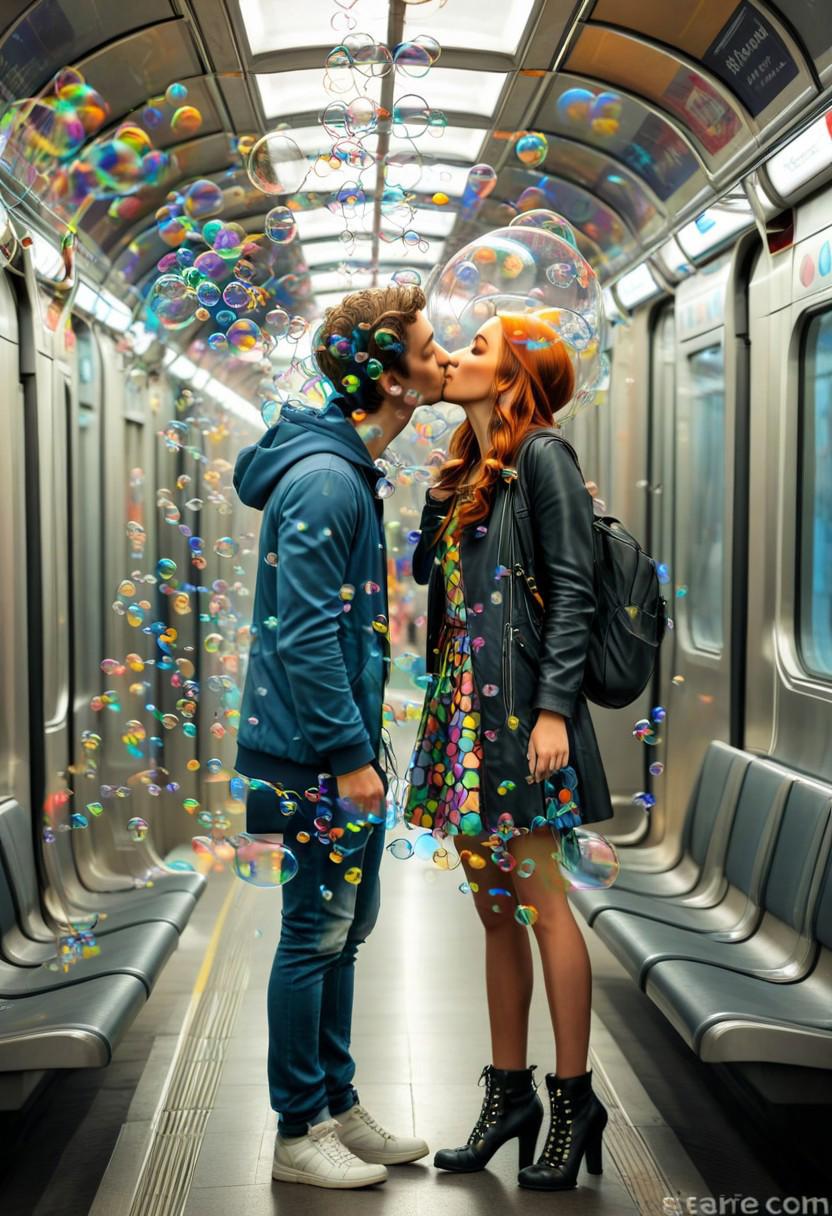 in a metro,People wearing colorful clothes,a pair of couples are kissing, a young girls is watching them kiss. there is a colorful bubble on each passenger., happy, 3D, V-ray.