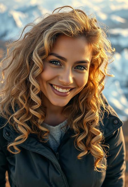 A professional realistic photo of a beautiful woman wearing clothes. It's a closeup of a young tanned woman, with light hair  and a Long Layered Curls hairstyle.  She has a friendly smile She is wearing a cool jacket. She is posing for the camera and is happy. SFW. Dynamic pose. Dynamic camera angle., tundra overlook with icy peaks