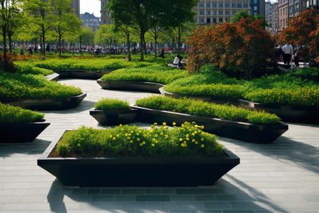 <lora:JJsLandscapeDesign:.8>, masterpiece, best quality,Landscape, scenery, outdoors, park, paving ,bench, building, tree, sky,  real world location, day, grass, bush, flower, city, fountain,