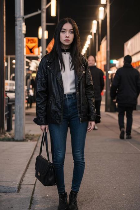 photograph of a cute girl, blush, angry, seduce, shy, long black one sided hair, long neck, choker, small breast, petite body, Porta 160 color, sharp focus on subject, partial nudity, full body, small ass, thigh gap, goth streetwear, at night on the streets with racing cars