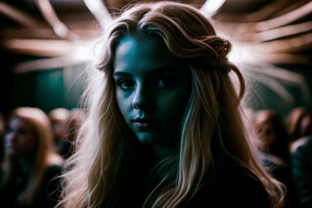<lora:CosmicEldritchTech-20:1>, eldritchtech, cosmic, dark energy, RAW photo, (closeup:1.2), portrait photo of a blonde girl with very long hair attending class in a crowded lecture hall, dynamic photo, soft interior lighting, 8k uhd, high quality, film grain, Fujifilm XT3