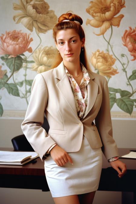 Photograph of Simonetta Cattaneo Vespucci, Botticelli's model for Birth of Venus, dressed in modern  fashion, (ginger type), very long stylish hair, professional dress, Wall Street Executive, CEO, soft pastel, high color contrast, gently faded tones, timeless elegance, highly detailed, master's touch, casual elegance, chiaroscuro lighting, evocative old-world charm. Ektachrome analog film print, 
