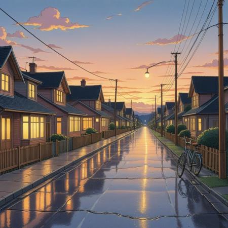 RvR_Comic_Style, a sleepy suburban street at dusk, soft orange streetlamps reflecting on wet asphalt, warm window lights from cozy wooden houses, retro 1990s anime cel shading with hand-painted sky gradients, Moebius line economy blended with Miyazaki-style warmth, subtle Alex Grey pastel auras in the clouds, overhead laundry lines and bicycles leaning against fences, signpost reading “Rogue Comics,” inviting mood