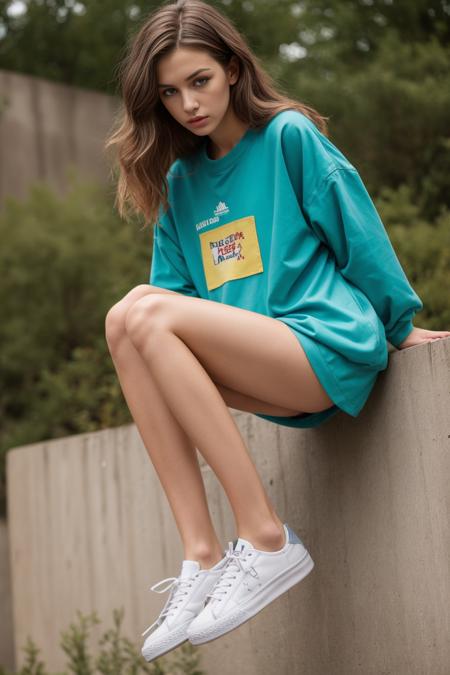 1girl, masterpiece, absurdres, highres, photograph of a cute 20 year old girl, tall female, slender body, model body, slender legs, (streetwear), (dynamic poses:1.1), from below, dynamic angle, white footwear, model poses, <lora:more_details:0.4>, detached sleeves,  <lora:perky_breasts1:0.6>,  <lora:breastsizeslideroffset:-0.5>, (nipple slip:1.1), (clothes lift:1.2),