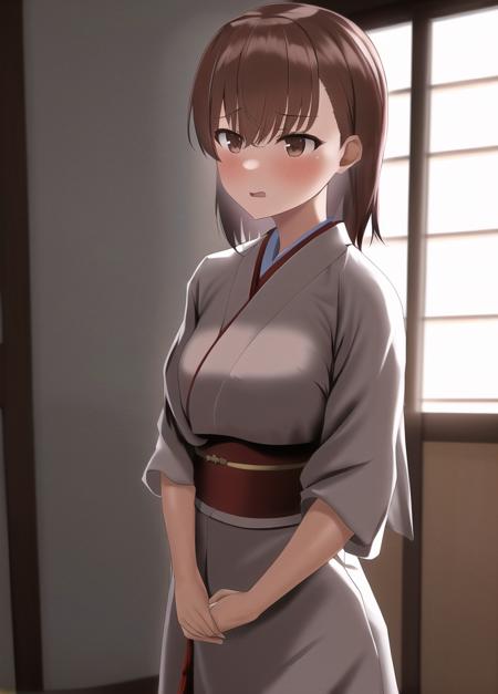 misaka mikoto,1girl, solo, japanese clothes, best quality, tsundere, medium breasts, ray tracing, cinematic lighting, chiaroscuro, depth of field, caustics, absurdres,