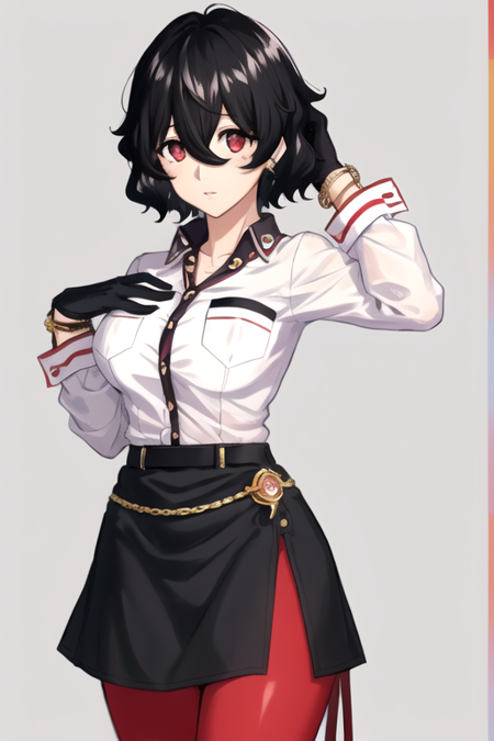 KarenAmamiya, 1girl, solo, short hair, black skirt, white shirt, black hair, red eyes, black gloves, long sleeves, hair between eyes, jewelry, red pantyhose, collared shirt, belt, bracelet, single glove, breast pocket