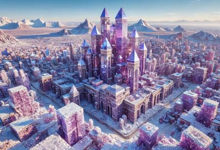 realistic, RAW photo, high quality, Stable_Yogis_PDXL_Positives, drone photo of a huge <lora:cbcity2:0.4>, made of <lora:Amethystize_lora_xl_webui:0.9> made of sparkling amethyst crystals, in <lora:offset_0.2:1.0>,  vast city with labyrinth, in , featuring winter snow landscape