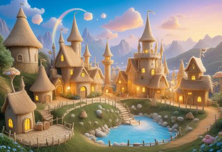 (A breathtaking magical world where everything is made from straw,) Rolling hills, towering castles, enchanted forests, playful charm, Tiny straw villagers with whimsical houses, glowing lanterns, and cobblestone streets stretch across the landscape, The sky is painted in soft pastel hues, with floating islands drifting gently above. Throughout the scene, charming straw characters —knights, wizards, fairies, and mythical creatures—move as if alive, their expressions full of warmth and wonder. The lighting is soft and enchanting, casting gentle shadows that enhance the handcrafted textures. The entire world feels like a living fairytale, bursting with imagination and magic,