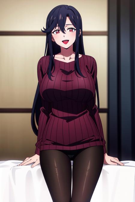 masterpiece, perfect lighting, (beautiful, best quality:1.3), perfect eyes, absurdres, 8k,
1girl, solo, (absurdres), finely detail, 
<lora:Saori Ohtori V1:0.6>, long hair, saori_ohtori, black hair, , red eyes,  smile, hair between eyes, large breasts, long legs, skinny, (lipstick:1.1), :d, 
(red ribbed sweater:1.1), black shirt, pantyhose,