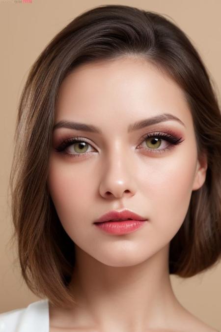 (closed mouth:1.3),An image of a poised young woman with fair skin and warm undertones. Her facial features are defined by expertly applied makeup, with full lips and large hazel eyes highlighted with eyeliner and mascara. Her eyebrows are neatly shaped, adding to her expressive gaze. Her chestnut hair falls in loose waves. She wears a black shirt with a bold red paint splatter pattern, lending an artistic vibe to her look. A gold cuff bracelet adorns her wrist, complementing her shirt. The ambiance reflects a blend of casual elegance and a modern artistic touch.A beautiful cute girl's face, perfect facial ratios, perfect facial features, chubby full cheeks, blush on cheeks, red flush on cheeks, all attention given to the face, emphasizes on the cute cheeks, Soft and smooth skin texture, shiny skin, flawless complexion, shiny green eyes, eyelashes, natural eyebrows, rosy lips, cute small nose, cute face shape,natural lighting, gentle shadows, detailed hair strands, silky hair, hair on the sides framing the face, glossy highlights on the hair, rich and vibrant colors, vibrant and warm background, complementary colors to enhance the girl's features, captivating expression, engaging eyes, intricate details on eyelids and lashes, flawless complexion, Life-like textures, minute details, every aspect of the face made clear and visible, picture fills the canvas, (shiny skin),beautiful eyes, perfect eyes ,