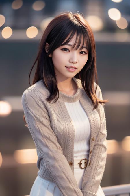 japanese, (skin blemish:1), (skindentation), black eye, 1woman, 25yo, (((woman))), solo, realistic,  best quality, photorealistic, masterpiece, 8k, high res, solo, extremely detailed face,  (professional lighting, bokeh), (light particles, lens flare, glowing particles:0.6), (dynamic pose:1.2), soft lighting, top angle view, fashionable and trendy atmosphere, japan, harbour, city, ((daytime)), ((looking at the viewer)), (looking at the camera),(portrait:0.6), cowboy shot, gorgeous, walking, keep original facial proportion, wide shoulder, full body,  (small breast),  (medium hair), brown hair, floating hair, lips, lipstick,  seductive smile, floating hair, smile, teeth, (sweater), (jacket), (skirt),    <lora:NishinoN:0.7>