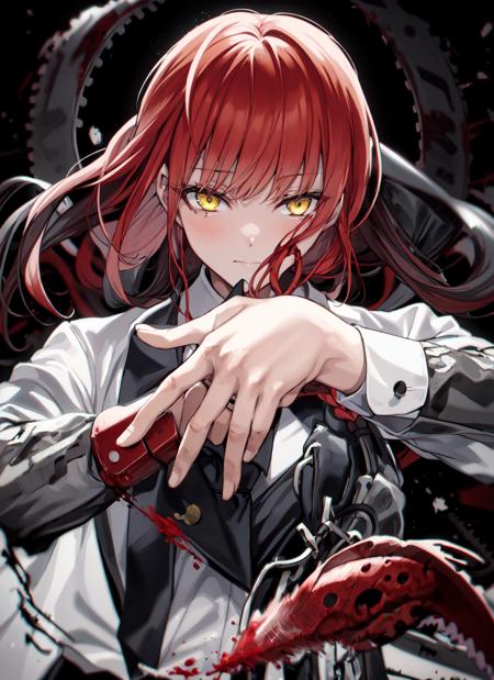 1girl,makima (chainsaw man),necktie,solo,shirt,red hair,black necktie,braid,white shirt,ringed eyes,collared shirt,yellow eyes,braided ponytail,bangs,long sleeves,black background,own hands together,upper body,long hair,closed mouth,simple background,blood splatter,looking down,