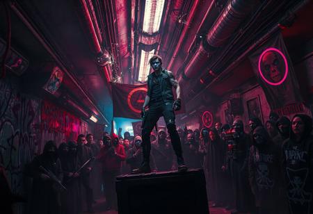 Deep beneath the polished towers of the Neon Empire, in the forgotten alleys and flickering underworld, a rebellion is born.
In a darkened subway terminal painted with holographic graffiti and the ghosts of empire, a lone rebel stands atop a crate, addressing a masked crowd.
Their face glows in the pulsing neon — defiant, scarred, half-cybernetic.
Behind them, banners ripple with anti-empire glyphs.
The crowd is diverse: former soldiers, hacked androids, cloaked data-smugglers, rogue AI priests.
Sparks fly from overhead cables; the city above doesn't know it's already cracking.
Cyberpunk underground resistance, cinematic 8K, tense shadows, neon graffiti, gritty detail, dynamic pose, dark rebellion energy.