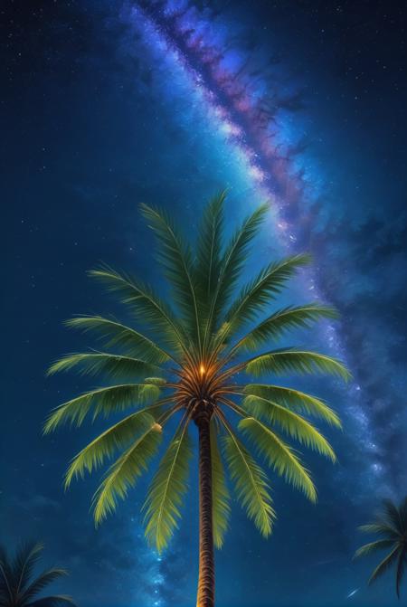 xl_kk, palme tree, sky, galaxy, starry sky <lora:Saturated_Landscape_XL-KK:1>