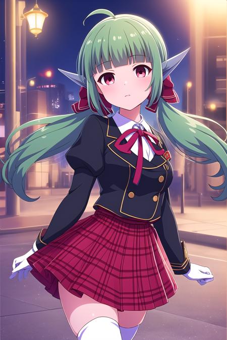 sadoneBGHS green hair, ahoge, low twintails, hair bow, red bow, blunt bangs, very long hair, sidelocks, robot ears, red eyes armor, black jacket, neck ribbon, red ribbon, white shirt, puffy sleeves, long sleeves, gauntlets, white gloves, red skirt, plaid skirt, white thighhighs, school uniform