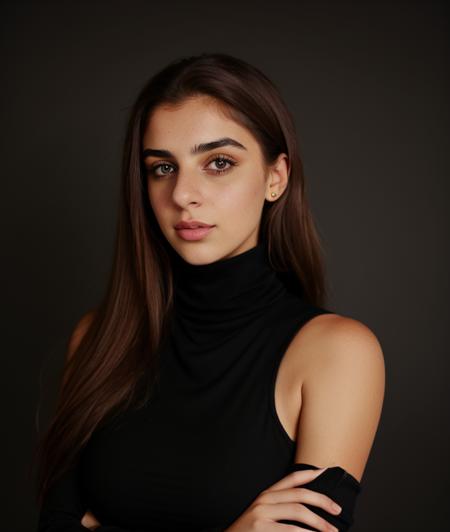 s3rb23, Sara Bustani, Black background, (Colorful dress Turtleneck), breast, close portrait photo, intricate color dress, girl