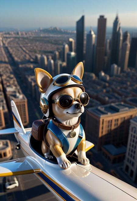 from side, cute small ceramic airplane, pilot ceramic chihuahua driving, wear round goggles, wear animal ears helmet, wear ceramic pilot clothes, looking at viewer, flying above city, (made of ceramic:1.3), cinematic, cinematic lighting, (masterpiece, best quality:1.4), ultra-high res, 4k, Photorealistic, insanely detailed, sfw,